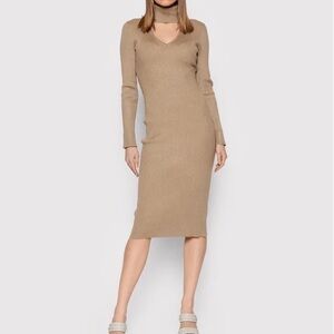 DKNY Tan Ribbed Bodycon Dress Long Sleeve